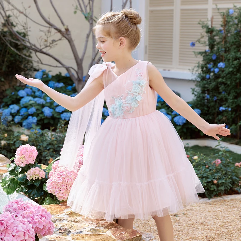 Girls 3D flower pink mesh dress kids summer baby girl party princess dress baby clothes baby girls kids clothing frock