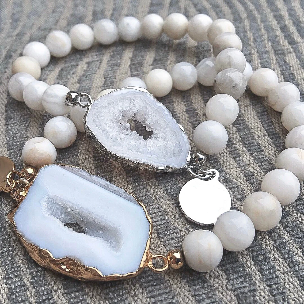 Bohemia Fashion Healing Jewelry, Natural White Agate Druzy Geode Slice Stretch Bracelet,Gift for Her
