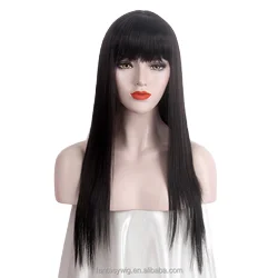 Japan Korea style Long Straight Wigs Fringe For Women Cosplay Black Hair With Bangs Daily Costume