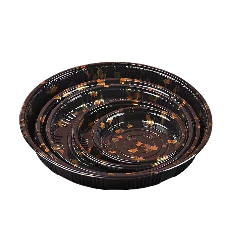 Black Plastic Container Sealed Buckle Food Packaging Round Tray sushi box