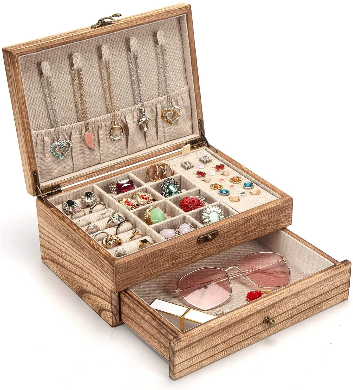 Farmhouse Rustic Wood Jewelry Organizer Box for Storage Earrings Rings Necklace Bracelet