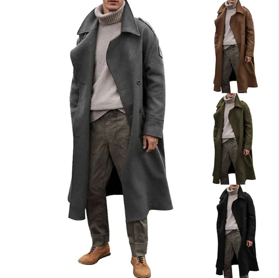Trench Coat Men Winter Outerwear Long Classic Wide Lapel Overcoat Woollen Single Breasted Plaid Mid Long Trench Coat