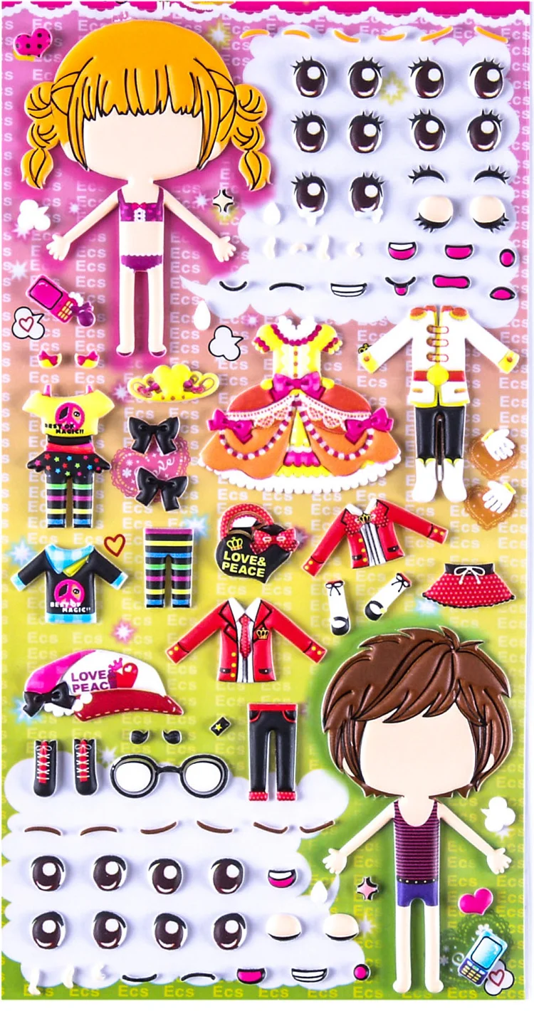 Wholesale Custom Cute Kids Cartoon Characters Dress Up Self Adhesive 3D Girl Puffy Stickers