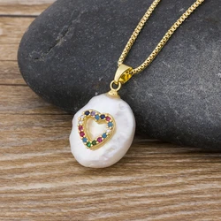 Fashion Colorful CZ Paved Tiny Heart Charm Freshwater Pearl Coin Gold Chain Chic Pendant Choker Necklace For Women Jewelry