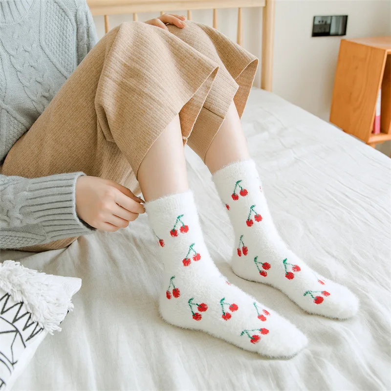 Winter Fancy Thick Warm Thermal Velvet Mink Fleece Fluffy Fuzzy Soft Cozy Women Socks Lovely Fruits Avocado Women Socks