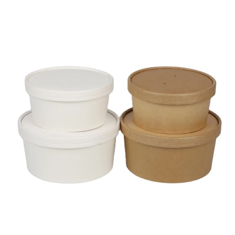 biodegradable custom printed logo kraft white paper salad bowl  with paper cover lid