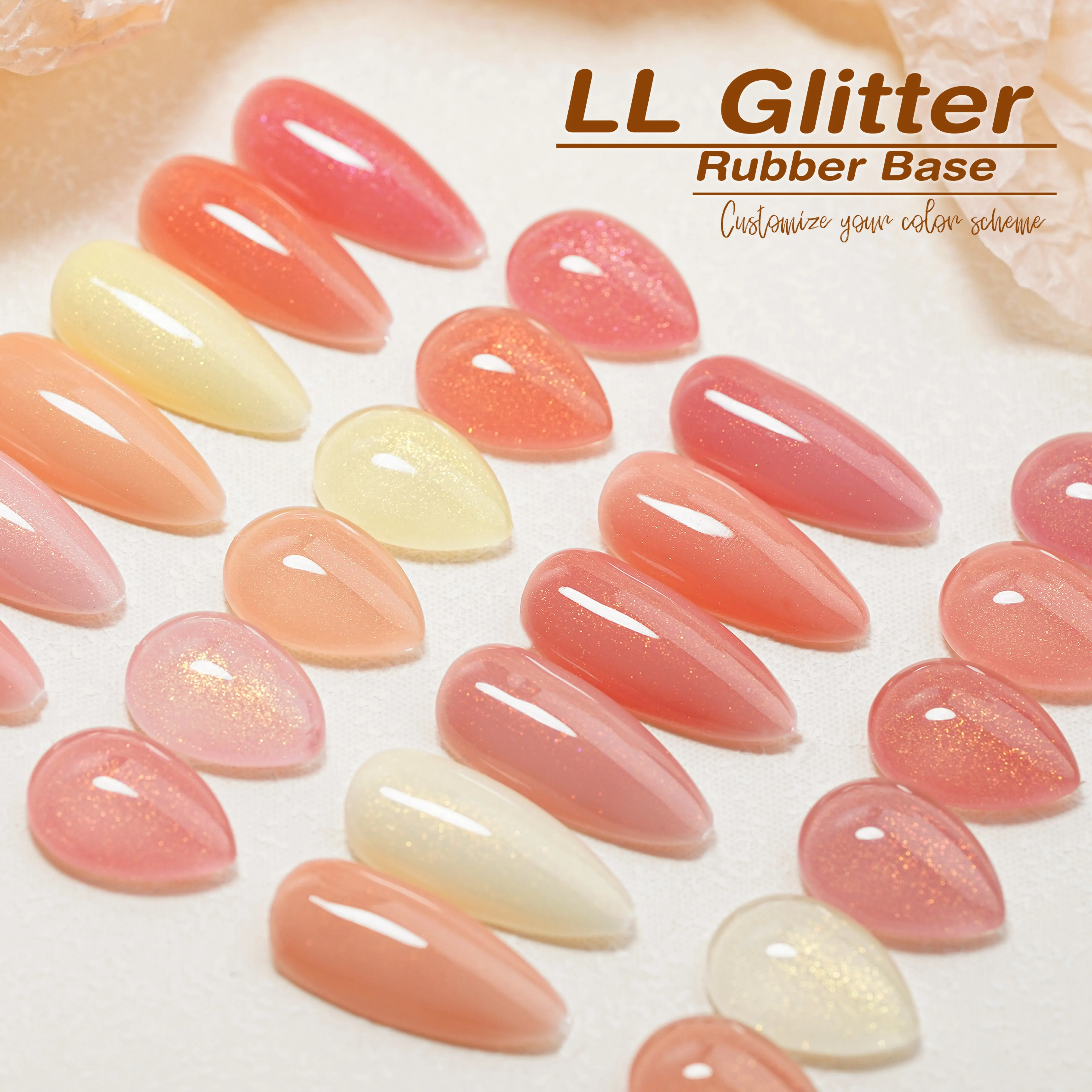 LL Glitter Rubber Base Uv Gel 60 Colors Transparent Nu de Gel Polish Soak Off Bbest Quality Natural Gel Rubber Base Coat