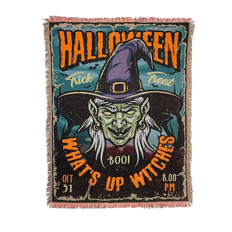 Manufacturer Quick Customization Logo  Tapestry Woven Polyester +Cotton Blanket Halloween Tapestry Hoodie  Throw Woven Design