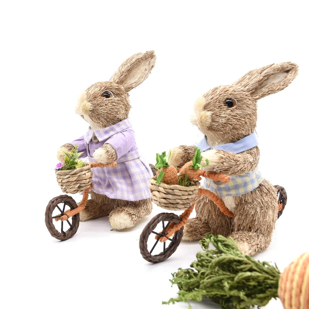 GY BSCI Easter Festival Bunny Decor Natural Rabbit Ornament Handmade Straw Rabbit Bike Decoration Factory