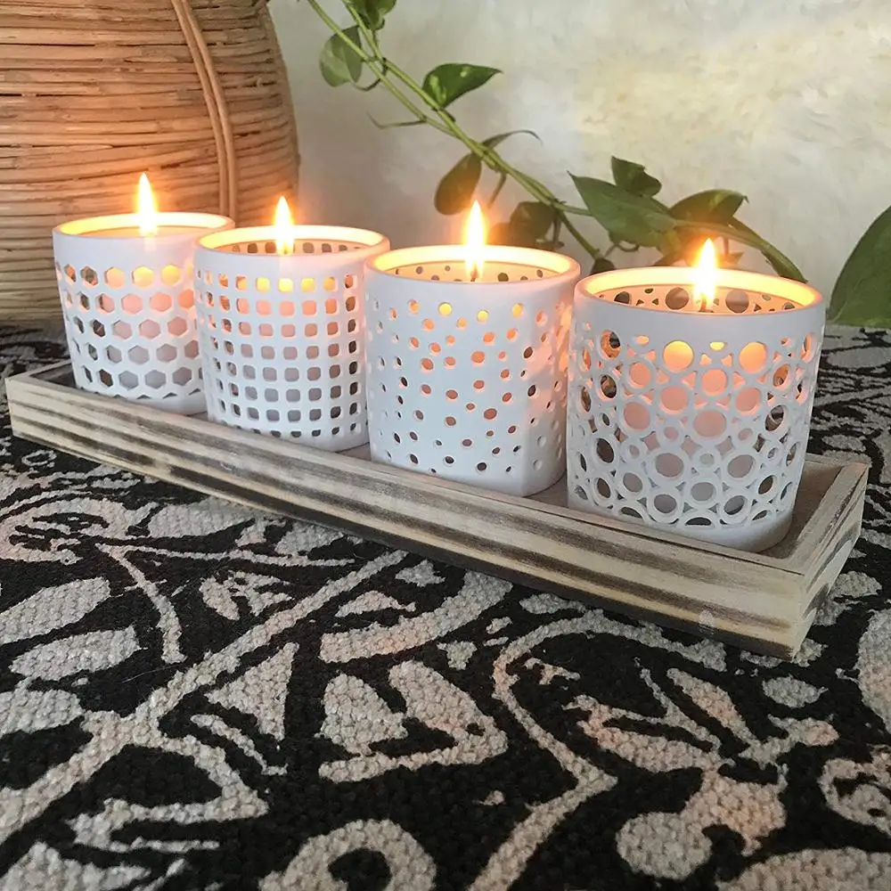 Белые керамические подсвечники естественный современный ветровой светильник коллекция на подносе набор из 5 фарфор зернистое дерево 
