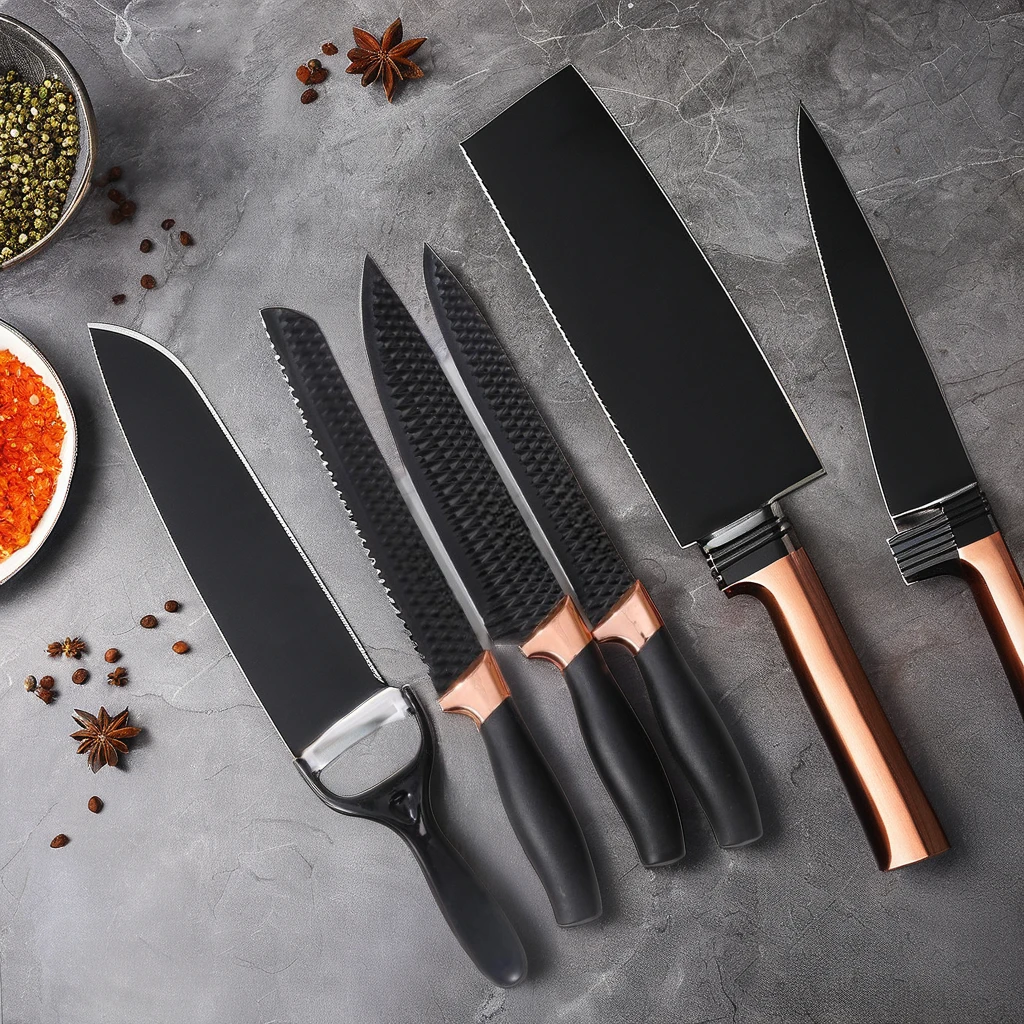 Хит продаж набор кухонных ножей из 6 предметов с антипригарным покрытием нож шеф-повара Подарочная коробка лезвия нержавеющей стали черные для кухни