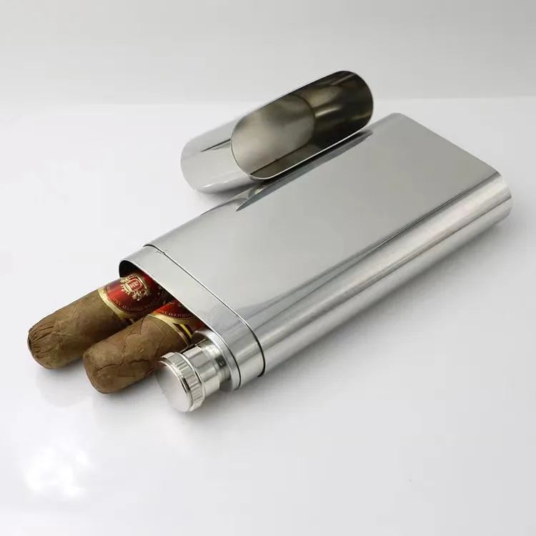 Customized 2 oz Stainless Steel Liquor Whiskey Flagon Hip Flask with 2pcs Cigar Holder Case Tube with Funnel