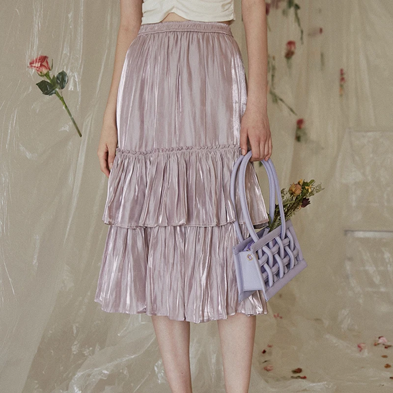
Hot Sales Summer Women Purple Color Stain Elastic Waistband Layered Mid cake Skirts 