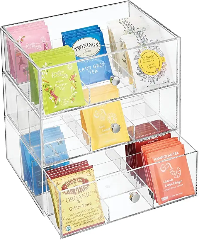 Plastic Tea Bag Caddy Box Storage Container Organizer Holder with 3 Drawers - for Kitchen Pantry