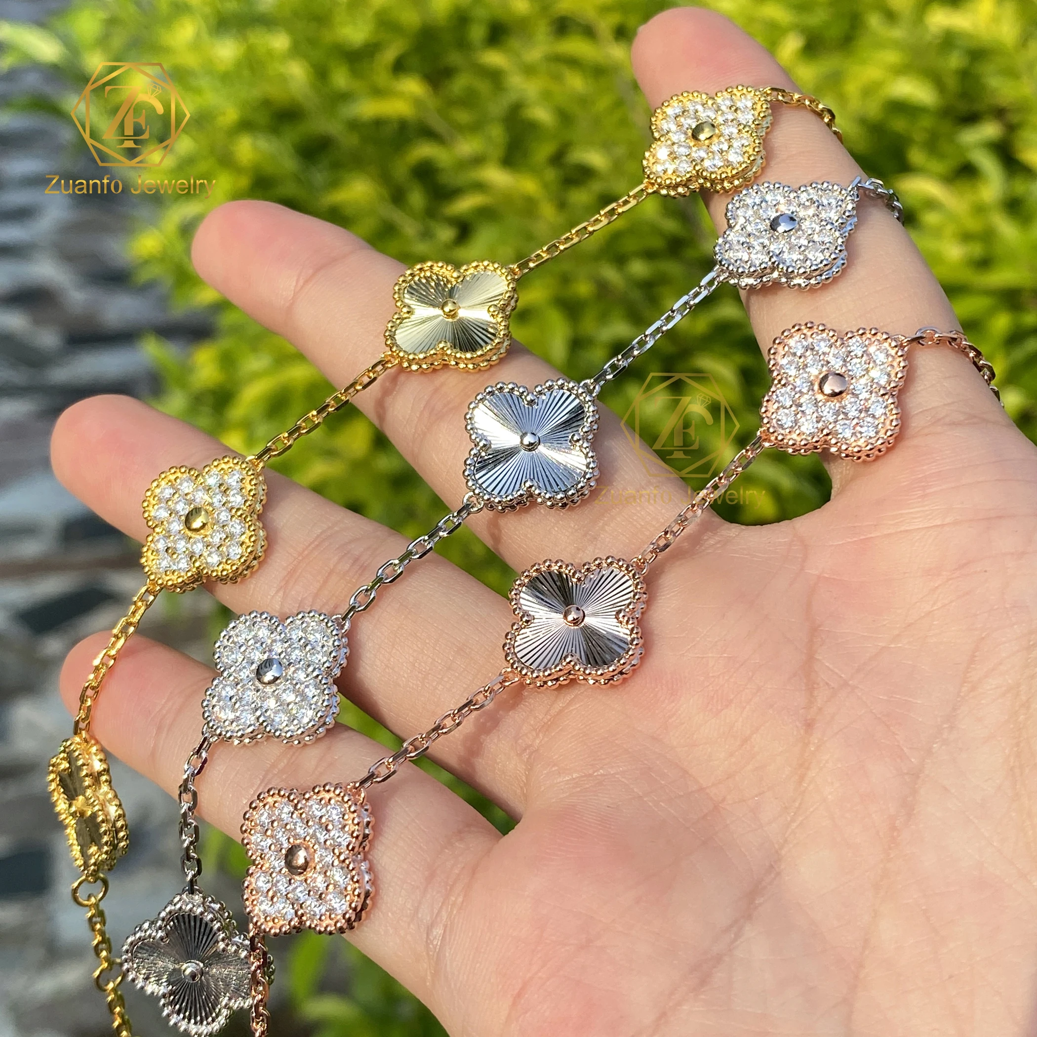 Christmas gifts natural red agate VVS D moissanite diamond 925 sterling silver lucky four leaf cover bracelet for girl and lady