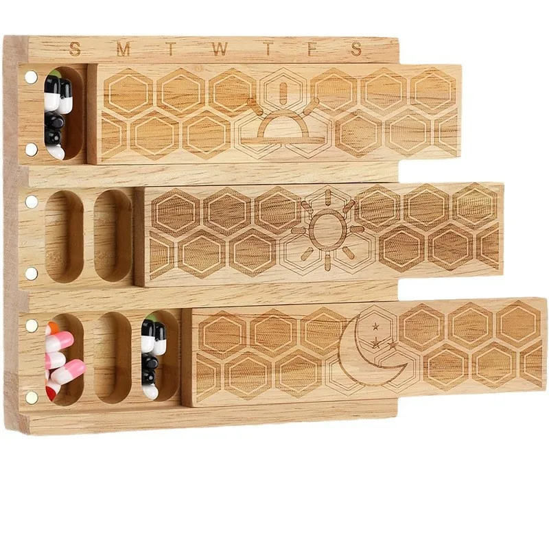 Portable Wooden Pharmaceutical Storage Box for Daily & Weekly Pill Distribution for Medicine Packaging