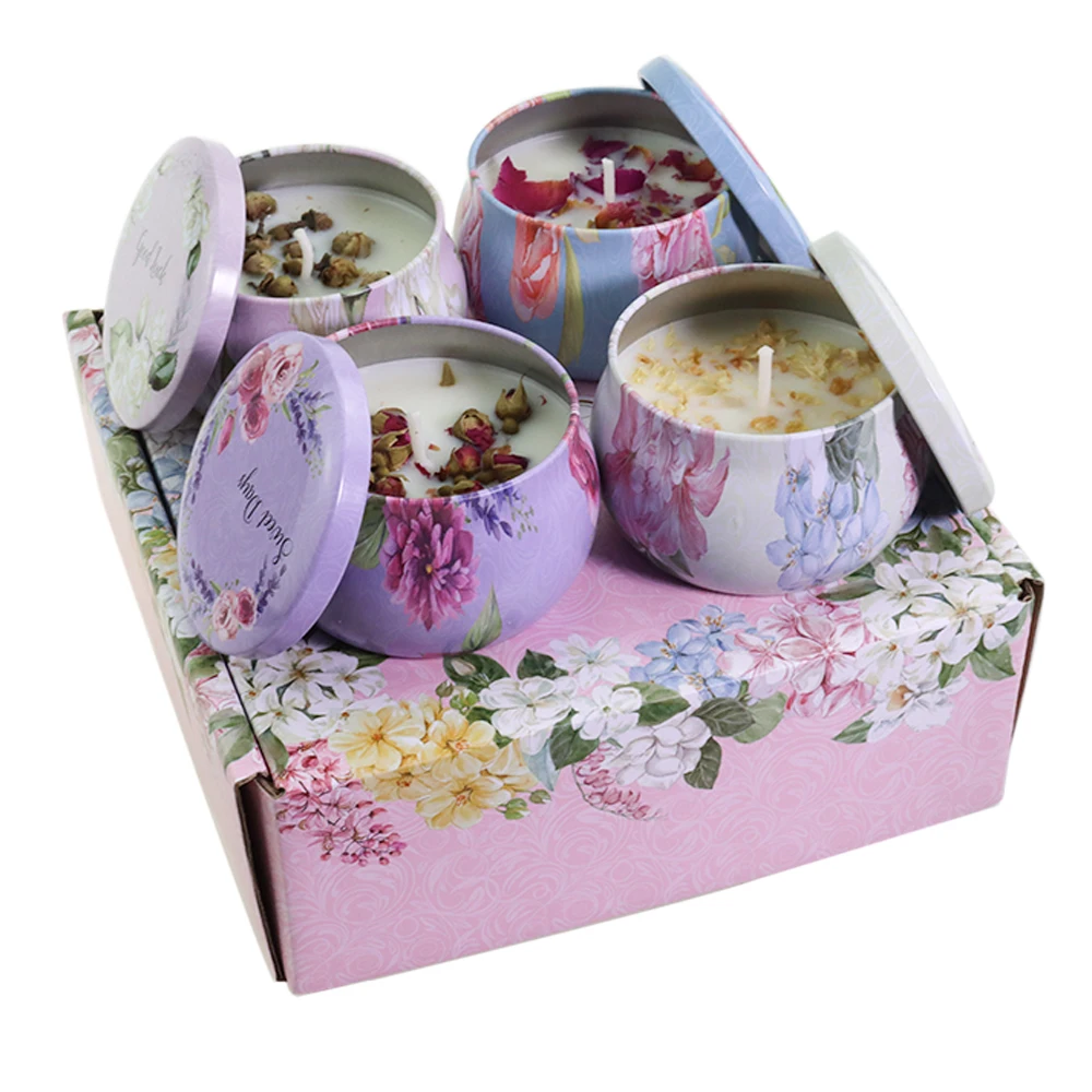 Manufacturers Luxury Home Decor gift Set packaging Tin jar Soy Wax Scented Candle with Dry Flower