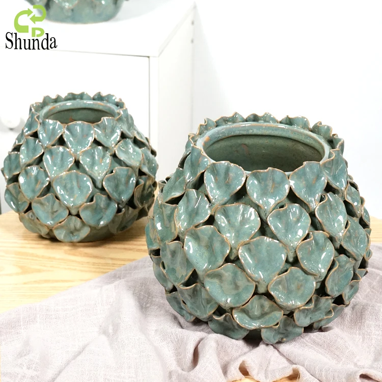 Custom light green copper reactive glaze unique handmade porcelain decoration table vases ceramic flower vase for home decor