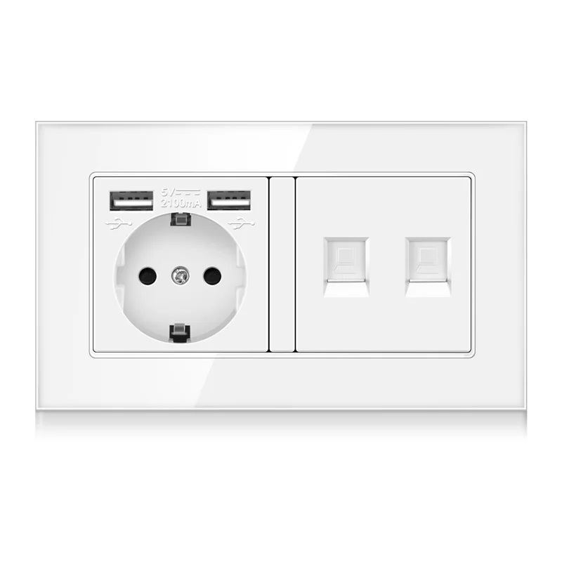 Toughened crystal glass panel German USB wall power socket plus 2 RJ-45 network sockets