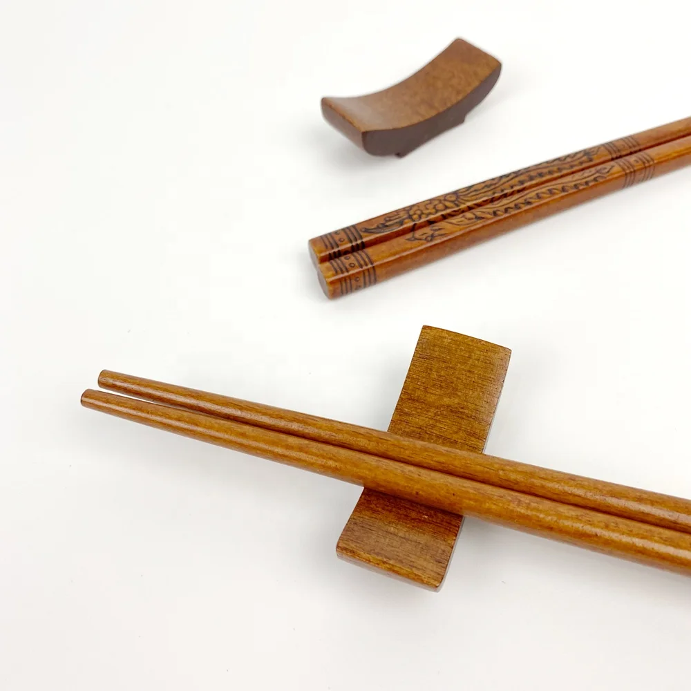 Vintage Chinese Dragon and Phoenix Pattern Natural Wood Chopsticks Couple Chopstick Set