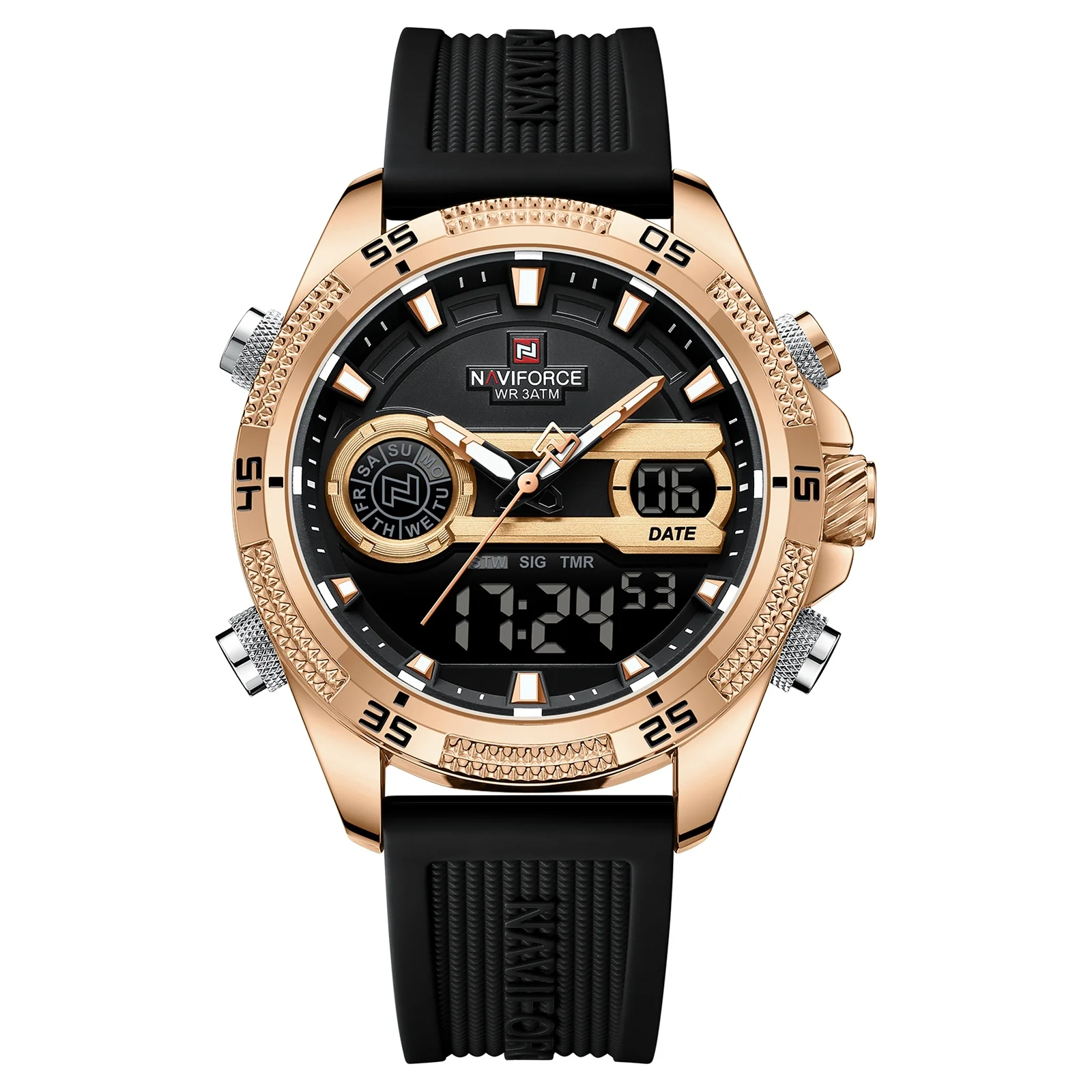 New NF9223 Fashion  Mens Dual Display Quartz Watches Silicone Strap Waterproof Luminous Date Wristwatch Digital Watch For men