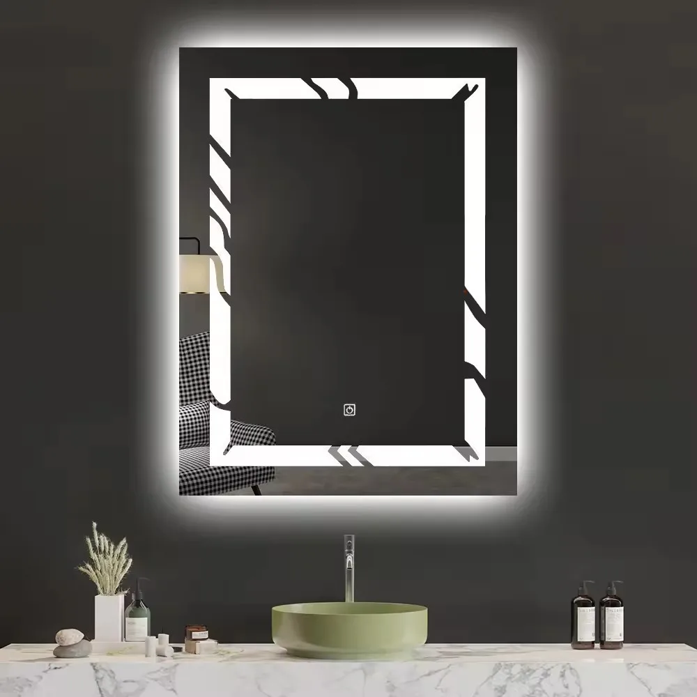 Modern Hotel Bathroom LED Smart Mirror Rectangular Double Painted Illuminated Three-Color Dimmable Touch Screen Switch