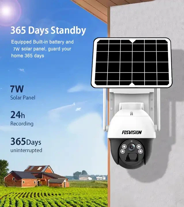 fosvision WiFi 4MP Solar Panel Security IP Camera PTZ Dome Battery Surveillance Cam PIR AI Human Detection Color Night Vision