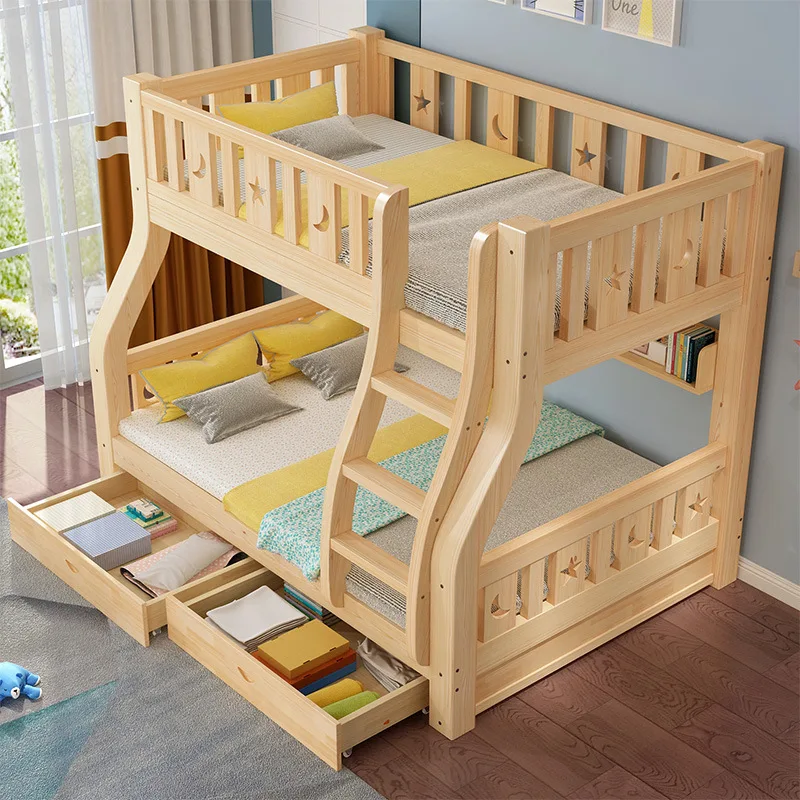 Hotel Kids Bed Set Solid Wood loft Double Queen Wooden Modern Bedroom Space Saving Wooden Bunk Bed With Stairs