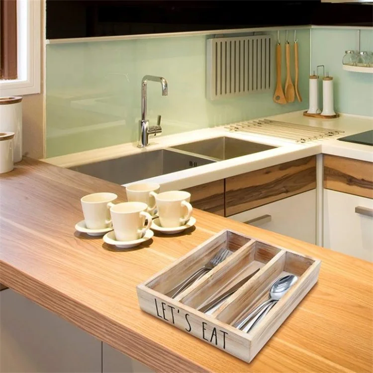Custom Three Lattice Wooden Bar Caddy For Spoon Fork Knife Straw Kitchen Tableware Storage