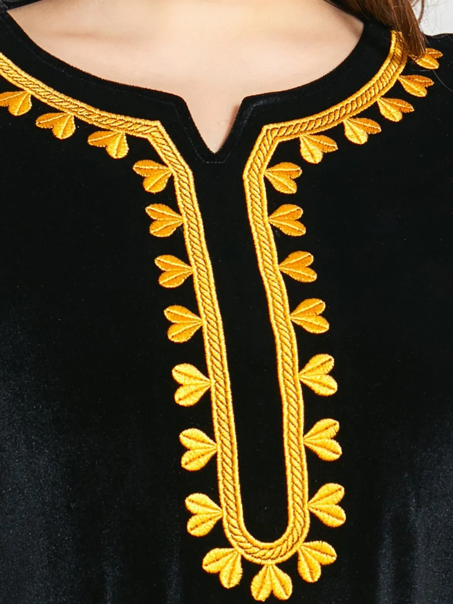 High Quality Abaya Flower Velvet Gold Thread Embroidery Muslim Dress Autumn Winter Abaya Dubai Black
