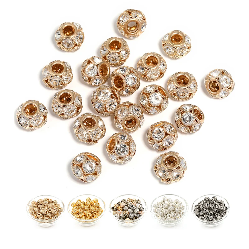 SOJI factory wholesale big hole rhinestone round spacer beads copper loose crystal beads for jewelry making DIY bracelet crafts