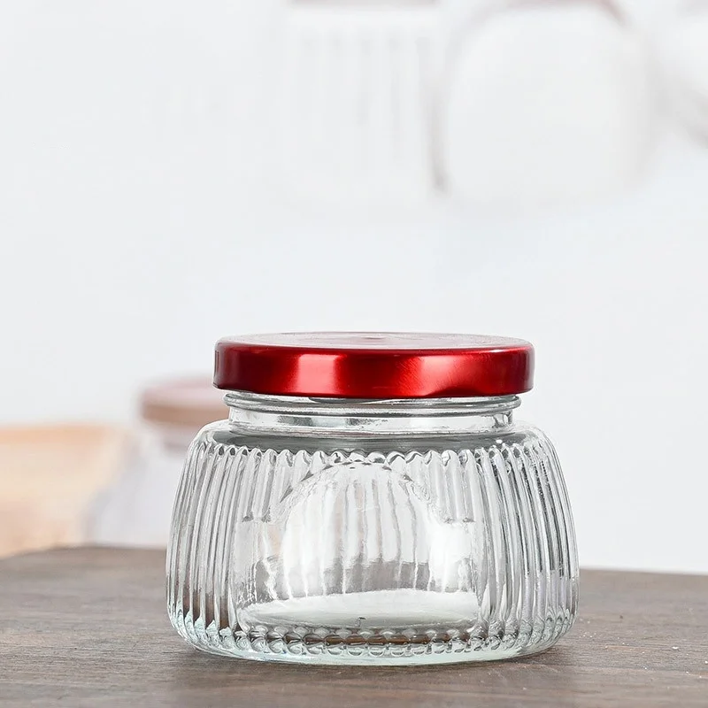 New Design Clear Glass Unique Shape  Food Storage Jar  380ml  Capacity for Jam Snacks Cookie Jelly with Metal Screw Cap Lid