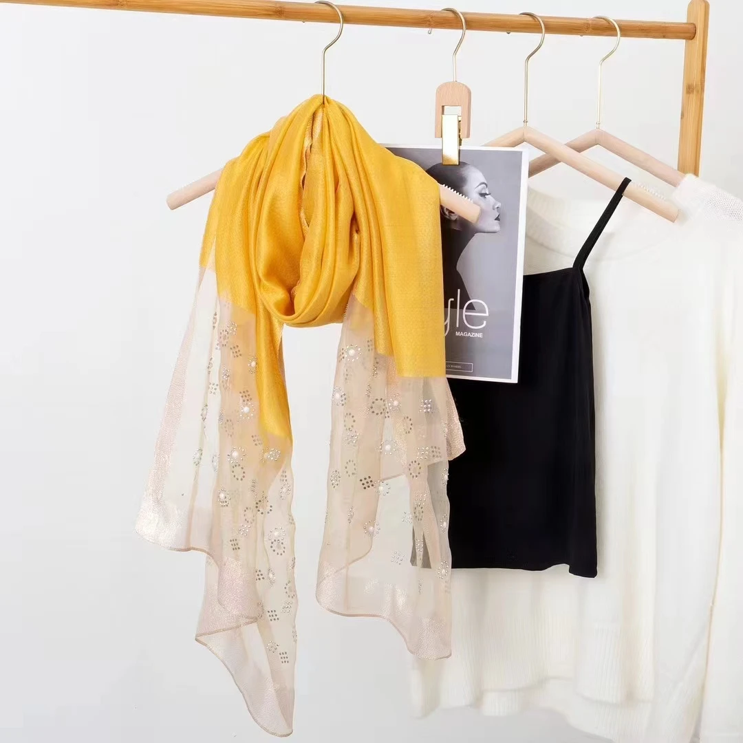 2024 spring summer New Arrive Elegant hijab long silk scarf with beads