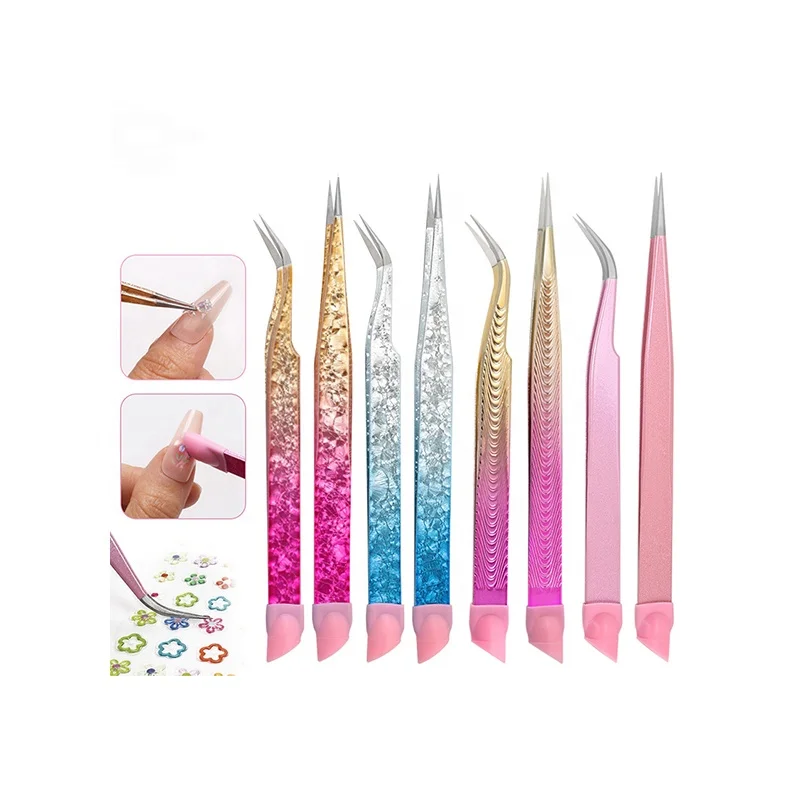 New Private Logo Shine Tweezers For Nail Art Pointed and Curved Nail Tweezers With Silicone Tipped