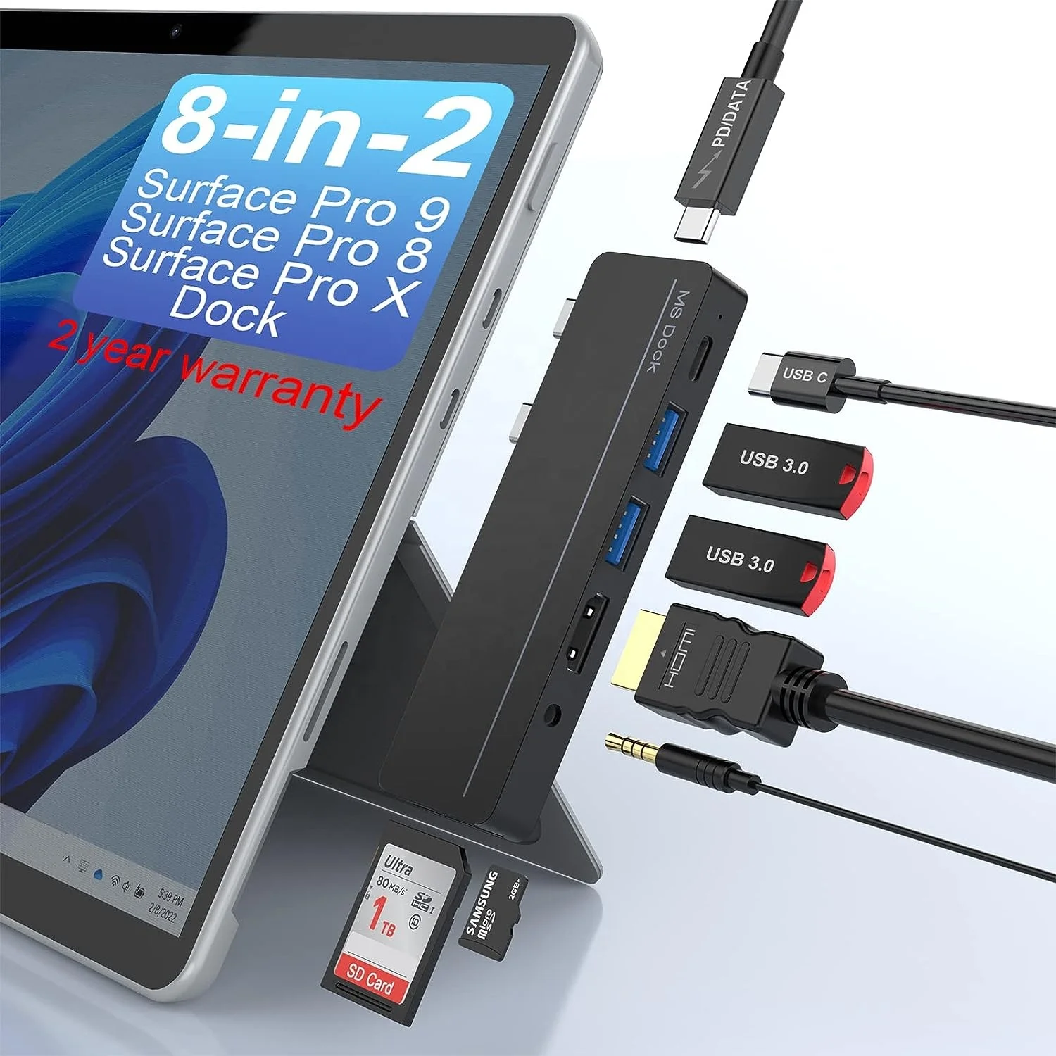 8 in 2 USB C Hub Docking Station with 4K HDMI,USB-C Thunderbolt 4 , USB C , 3.5MM ,USB 3.0,TF SD Card for Surface Pro 9 /Pro 8/X