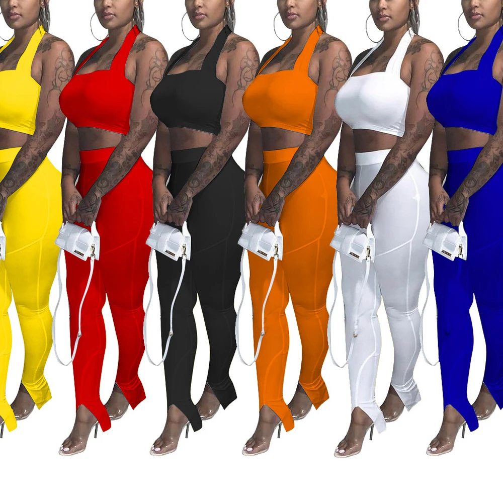 
New arrival 2021 summer sexy skinny solid color halter skirt stylish tube top stack long pants 2 piece sets 
