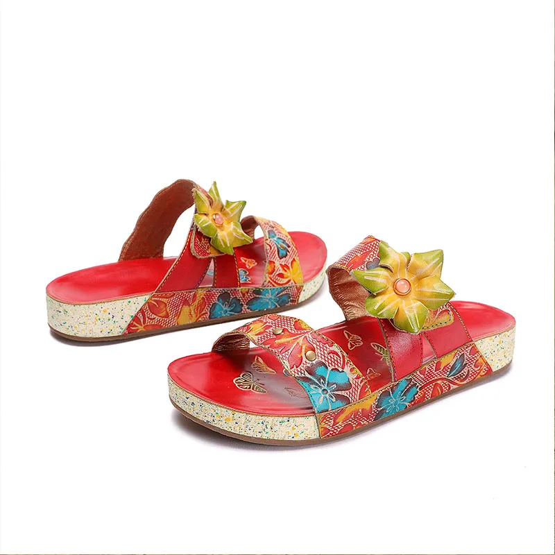 Women Bohemian Wedge Sandals Retro Dimensional Flower Stitching Genuine Leather Platform Beach Slippers Slides