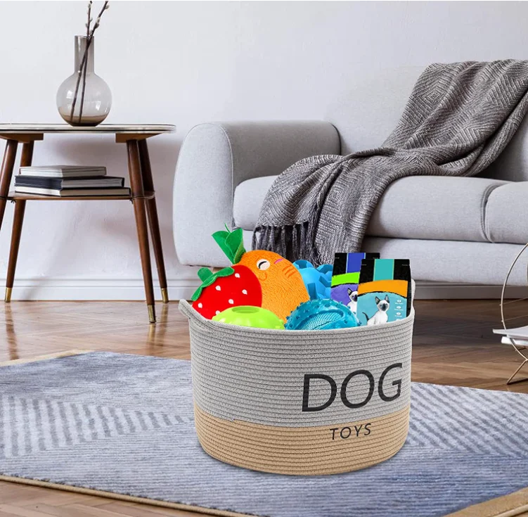 Cotton Rope Round Dog Toy Box with Handles Large Dog bin Laundry Basket Blanket Storage bin- Perfect for organizing pet Toys