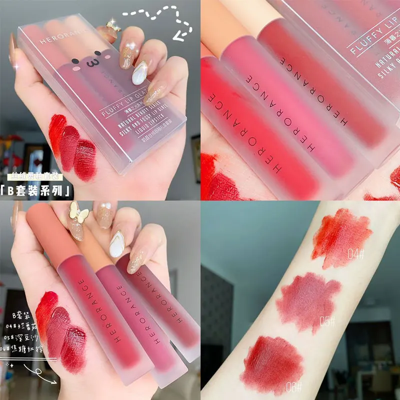 HERORANGE 3pcs Per Set Lip Glaze Gift Box Velvet Matte Lip Gloss Waterproof Non-stick Cup Liquid Lipstick