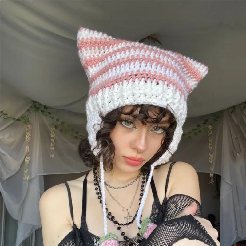 Girl Handmade Crochet Hat Demon Horn Hat Fashion and Cute with Earflaps Creative 2023 Hot Sale Custom Knit Adults Winter COMMON