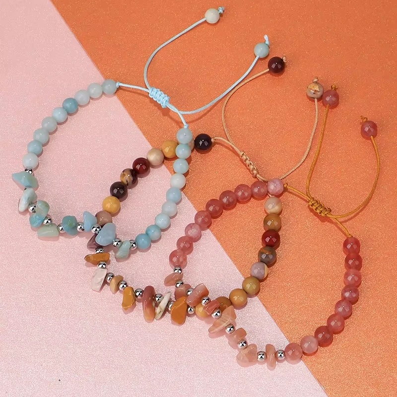 Fashion Natural Crystal Stone Bracelet Crystal Chips Natural Stone Tiger Eye Amethyst Macrame Cord Adjustable Gem Lucky Bracelet