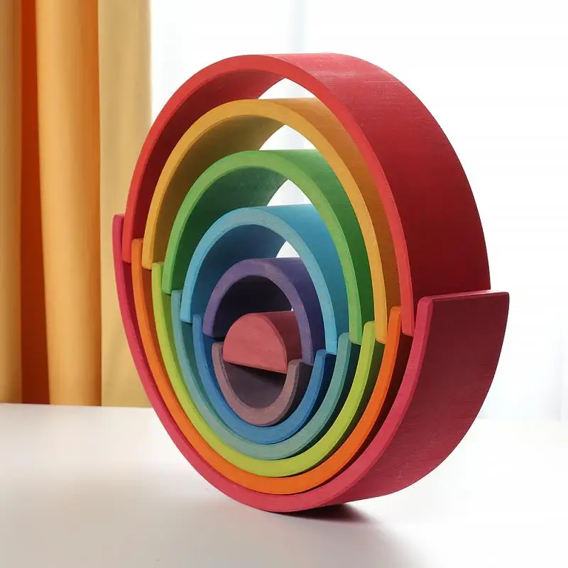 
12PCS Beech Wood Rainbow Building Blocks Kids Educational Wooden Toys Rainbow Stacker Baby Colour Sort Play Game Toy 