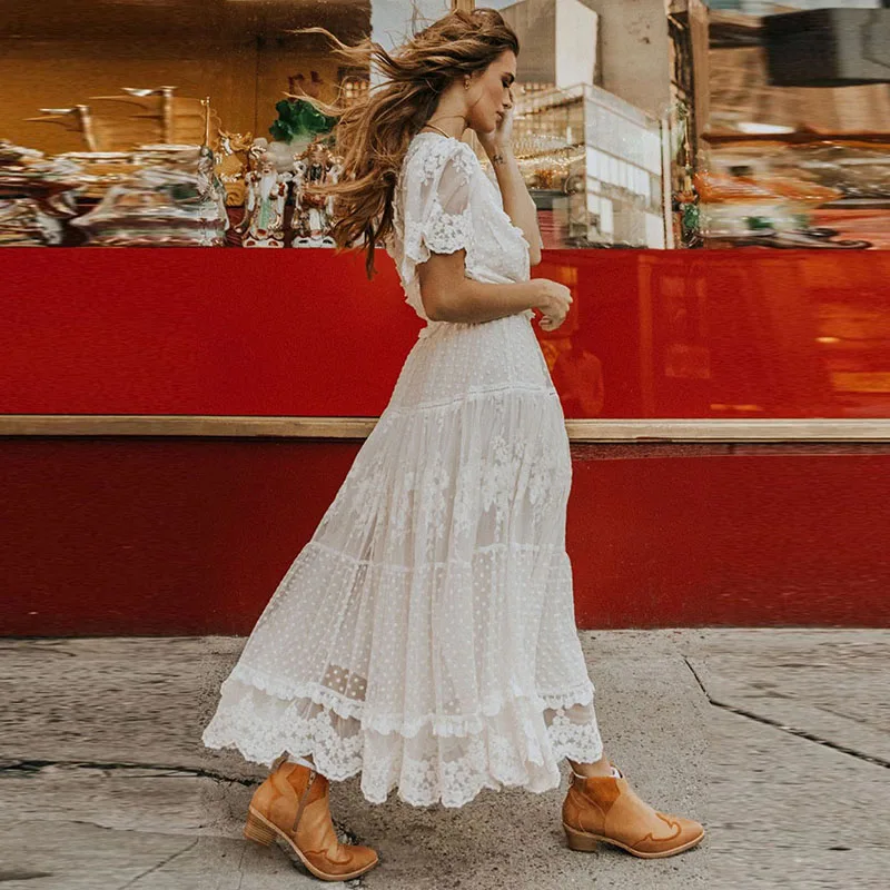 
Party Wear Women Dress White Patchwork Short Sleeve V-Neck Lace Summer Party Dresses For Woman Summer 