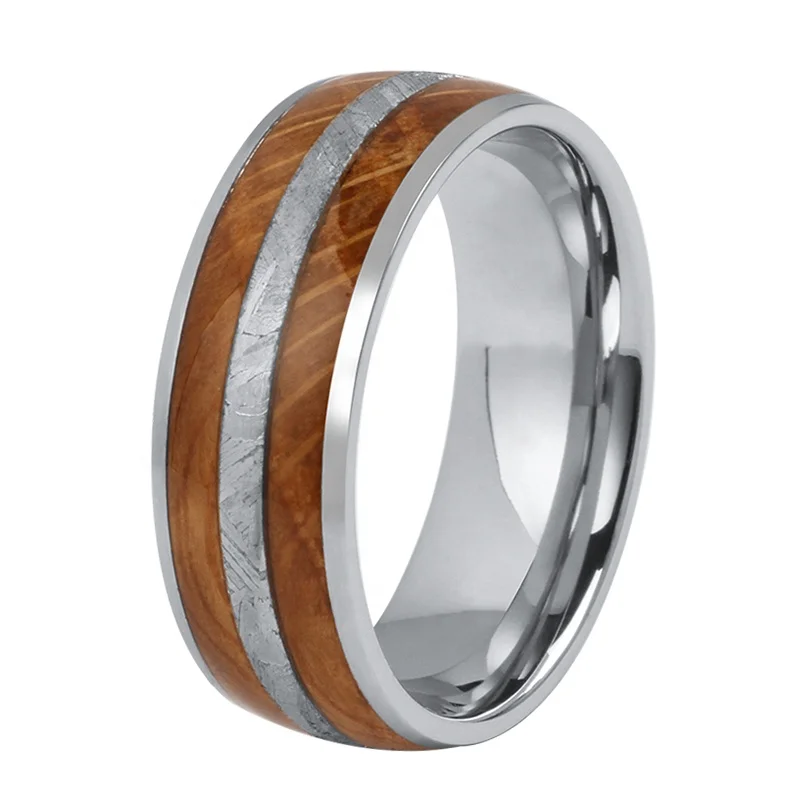 TIZTI Ring Jewelry 8mm Stainless Steel ring Muonionalusta Meteorite and Koa Wood inlay Tungsten Men rings