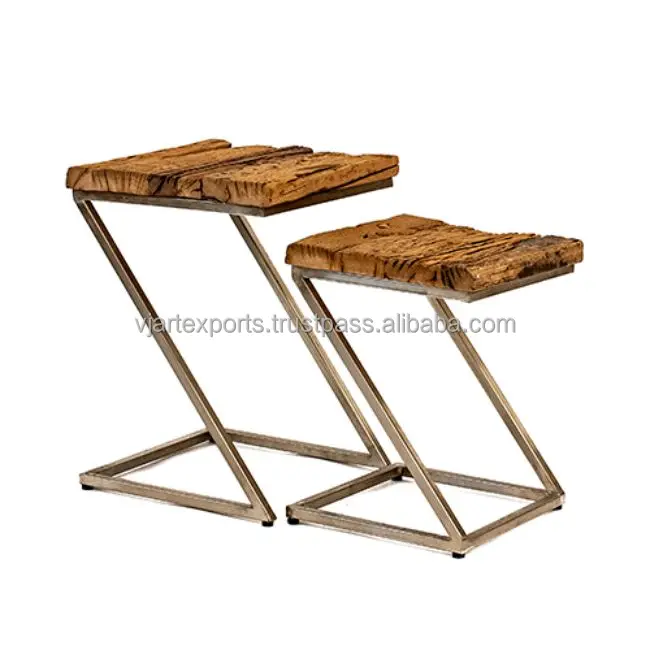 Indian Railway Sleeper Wood Z Shape End Table Side Table Round Set Of 2 Coffee Table