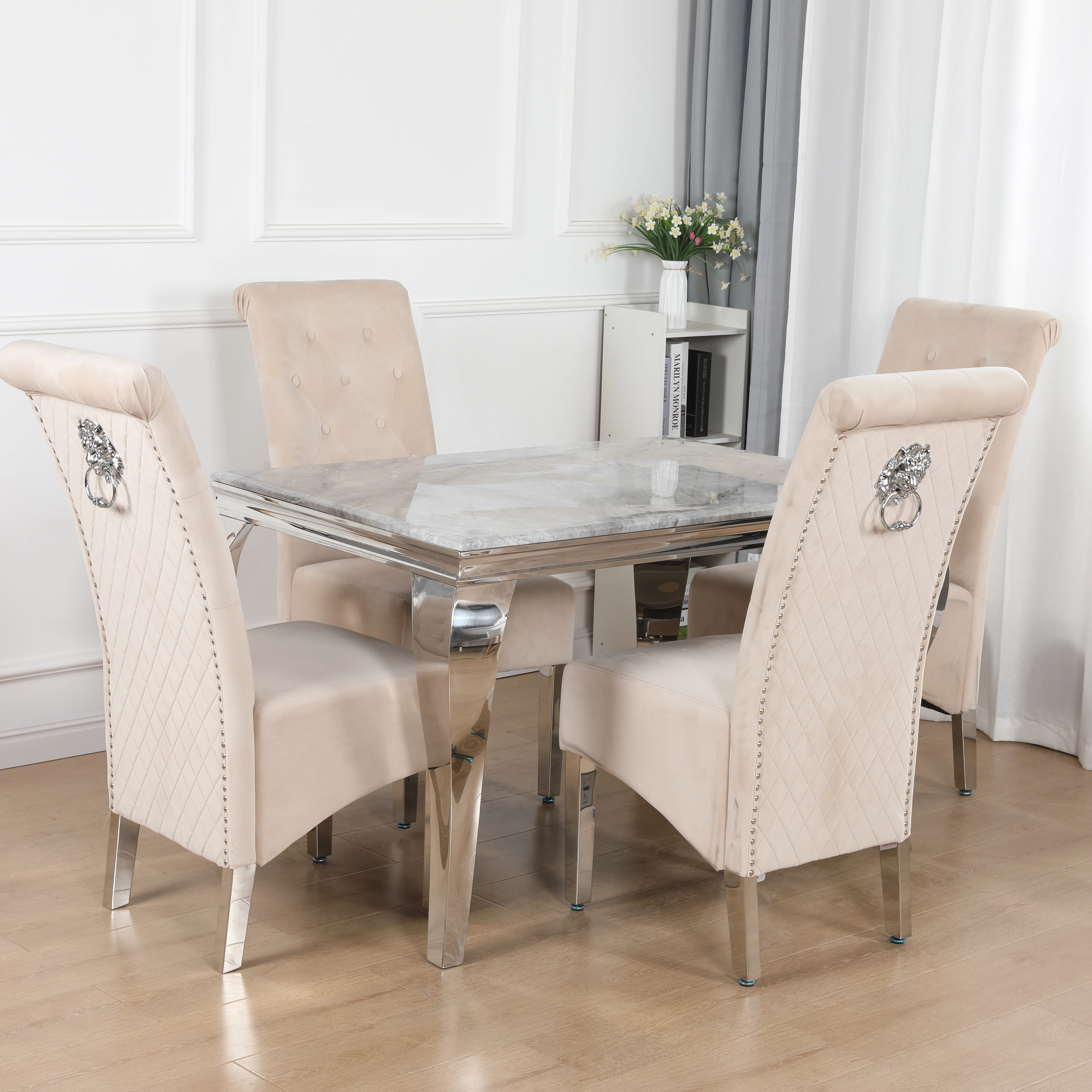 Luxury Modern Marble Texture Rectangle Table with 4 pcs dining chairs Restaurant Home Furniture Dining Room Dinning Table Set