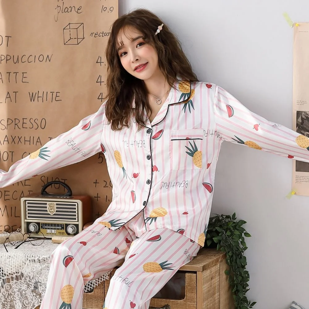 
2Pcs New Chinese Style Open Simulation Silk Spring Autumn Long Sleeve XXL Women Sleepwear Homewear Pajamas Set 