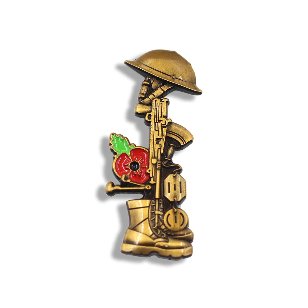 Custom Remembrance Day Veteran Helmet Boot Red Flower Pin Badge Lest We Forget
