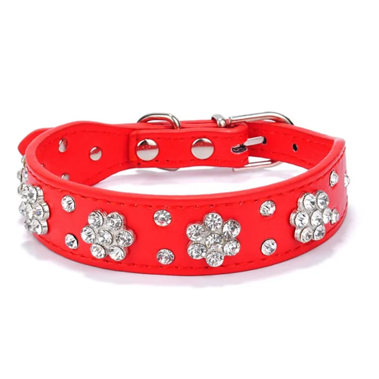 Rhinestone Flower Pattern Studded Cute PU Leather Dog Collar for Small and Medium Dogs