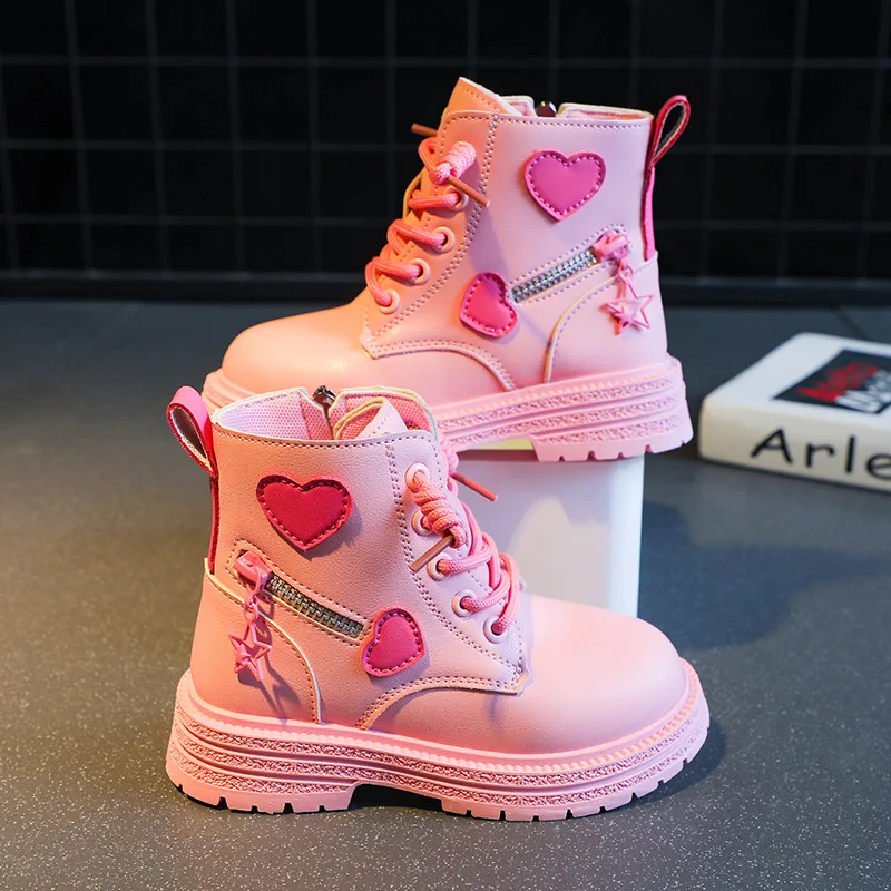 Children Heart Print  Shoes Autumn and Winter New Girls Soft Sole Versatile High Sleeve Martin Boots Little Princess Style Shoes